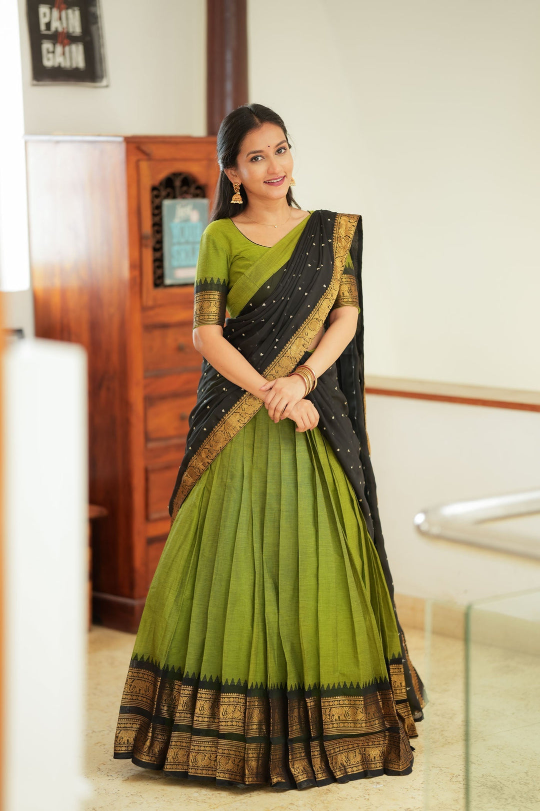 Prisha Olive Green Handwoven Halfsaree | Made to Order | SHOBITAM