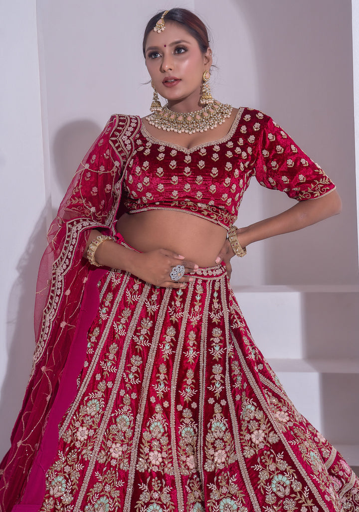 Exquisite Maroon Velvet Lehenga Set with scalloped border and floral embroidery , Customizable, Made to Order