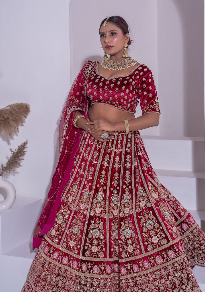 Exquisite Maroon Velvet Lehenga Set with scalloped border and floral embroidery , Customizable, Made to Order