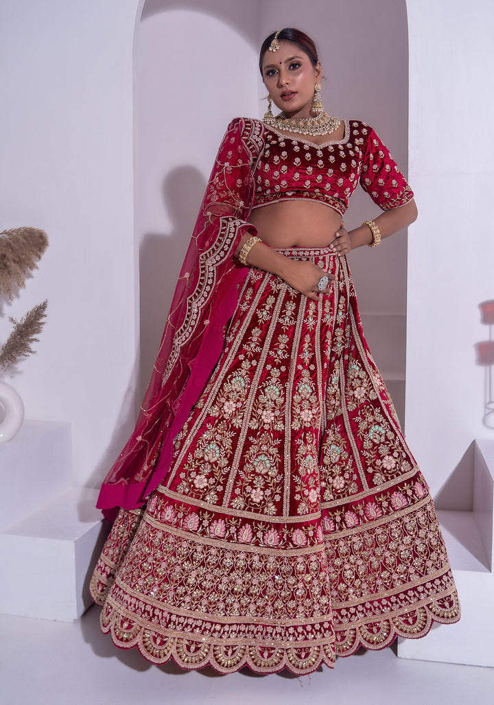 Exquisite Maroon Velvet Lehenga Set with scalloped border and floral embroidery , Customizable, Made to Order