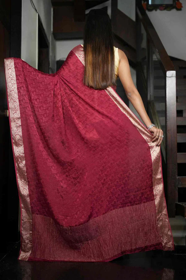 Maroon Viscose Soft Chinon Weaving Pattern Ready To Wear Saree