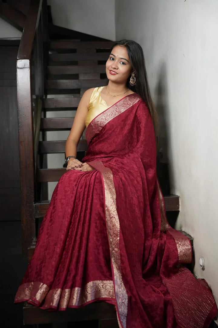 Maroon Viscose Soft Chinon Weaving Pattern Ready To Wear Saree