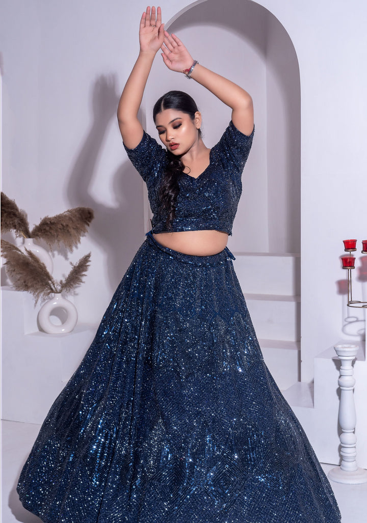Midnight Blue Embellished Lehenga Set, Customizable, Made to Order