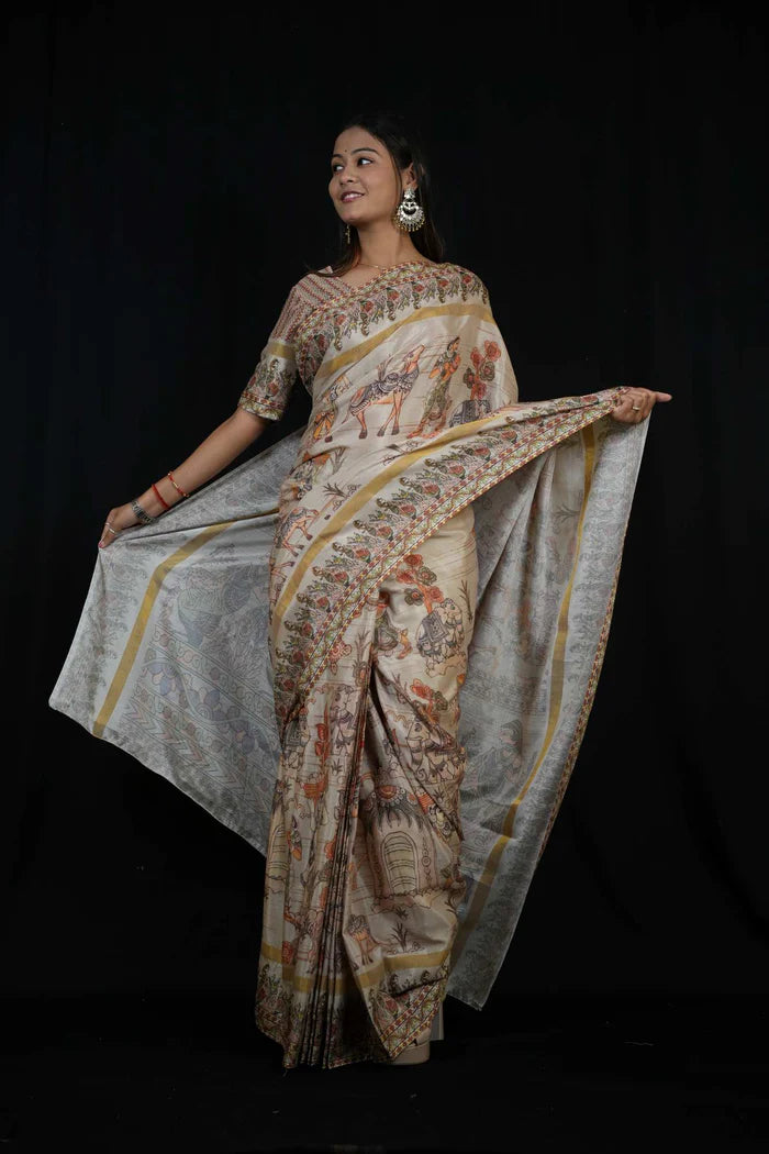 Cotton silk light weight Madhubani Pichwai Artwork Printed Ready To Wear Saree