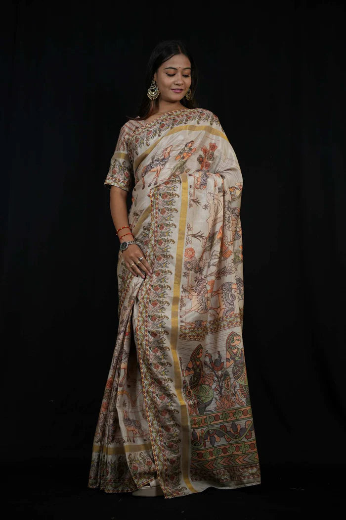 Cotton silk light weight Madhubani Pichwai Artwork Printed Ready To Wear Saree