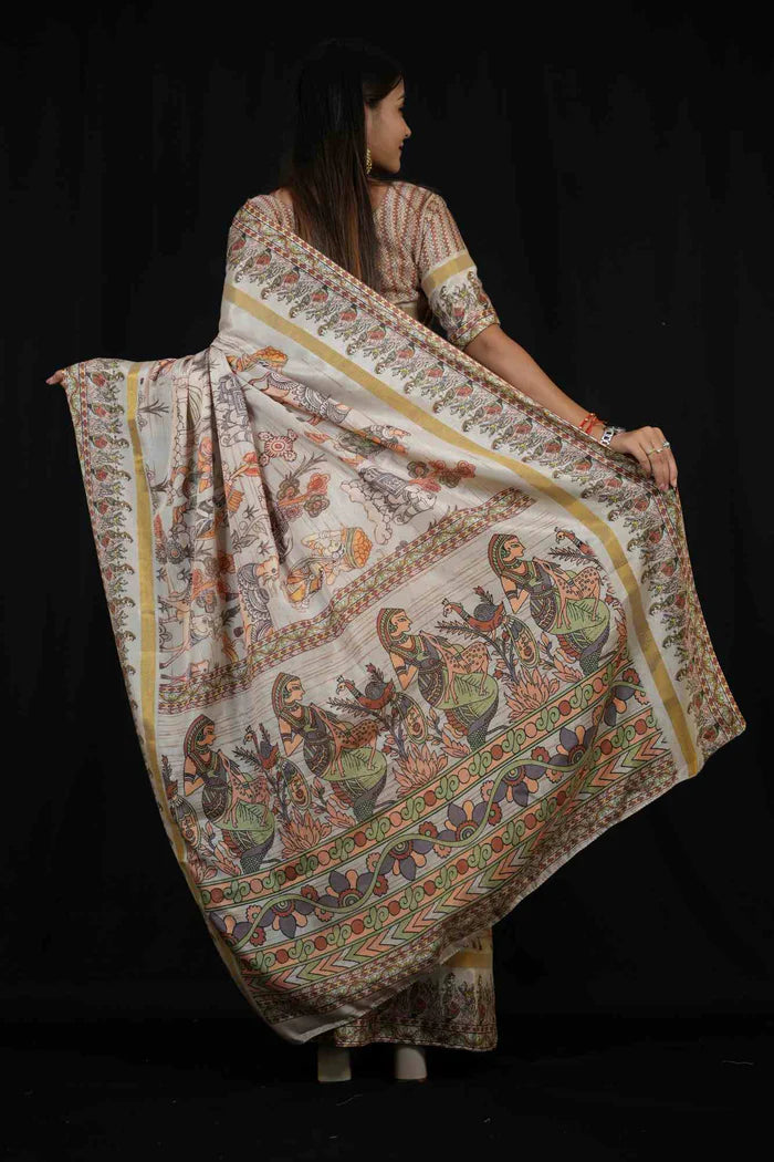 Cotton silk light weight Madhubani Pichwai Artwork Printed Ready To Wear Saree