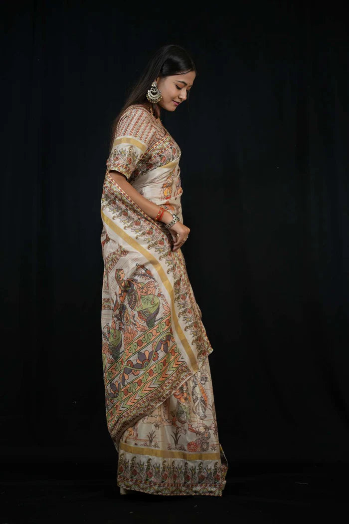 Cotton silk light weight Madhubani Pichwai Artwork Printed Ready To Wear Saree