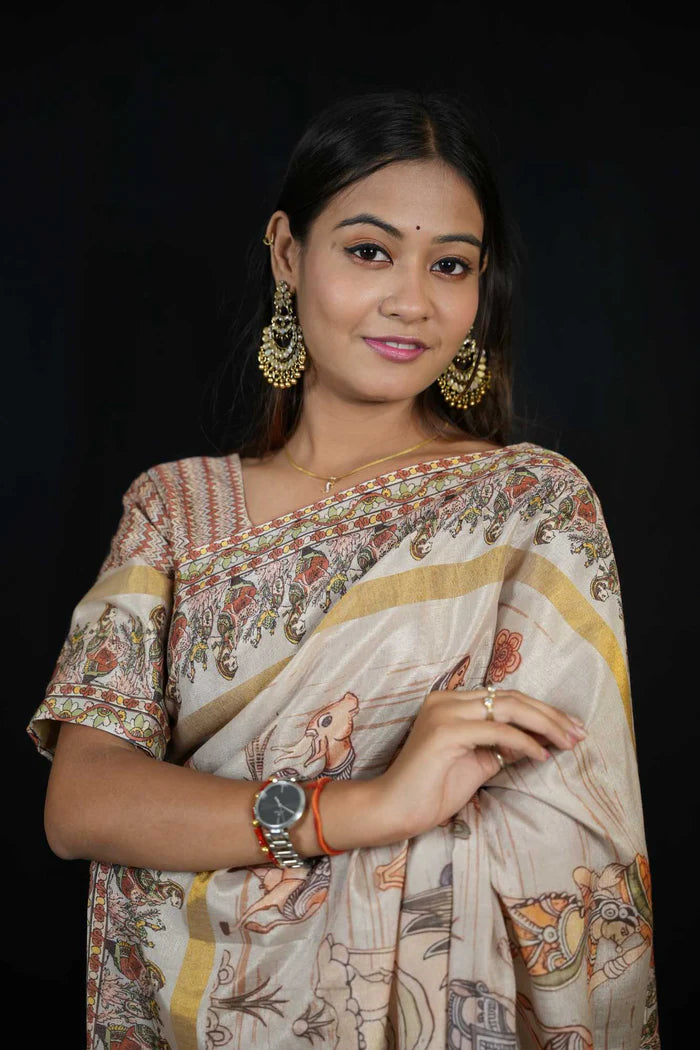 Cotton silk light weight Madhubani Pichwai Artwork Printed Ready To Wear Saree