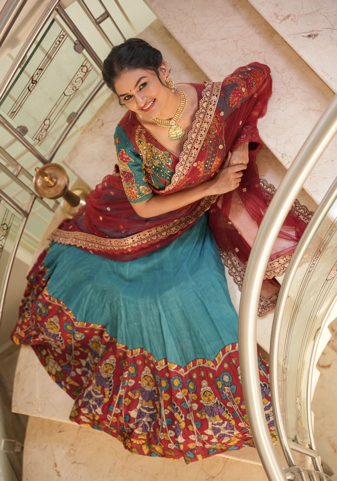 Authentic pen kalamkari Chennuri silk lehenga with Dancing dolls border, work blouse and dupatta  - 3 piece set - customizable