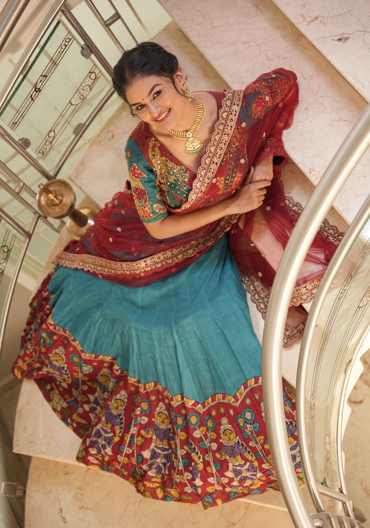 Authentic pen kalamkari Chennuri silk lehenga with Dancing dolls border, work blouse and dupatta  - 3 piece set - customizable