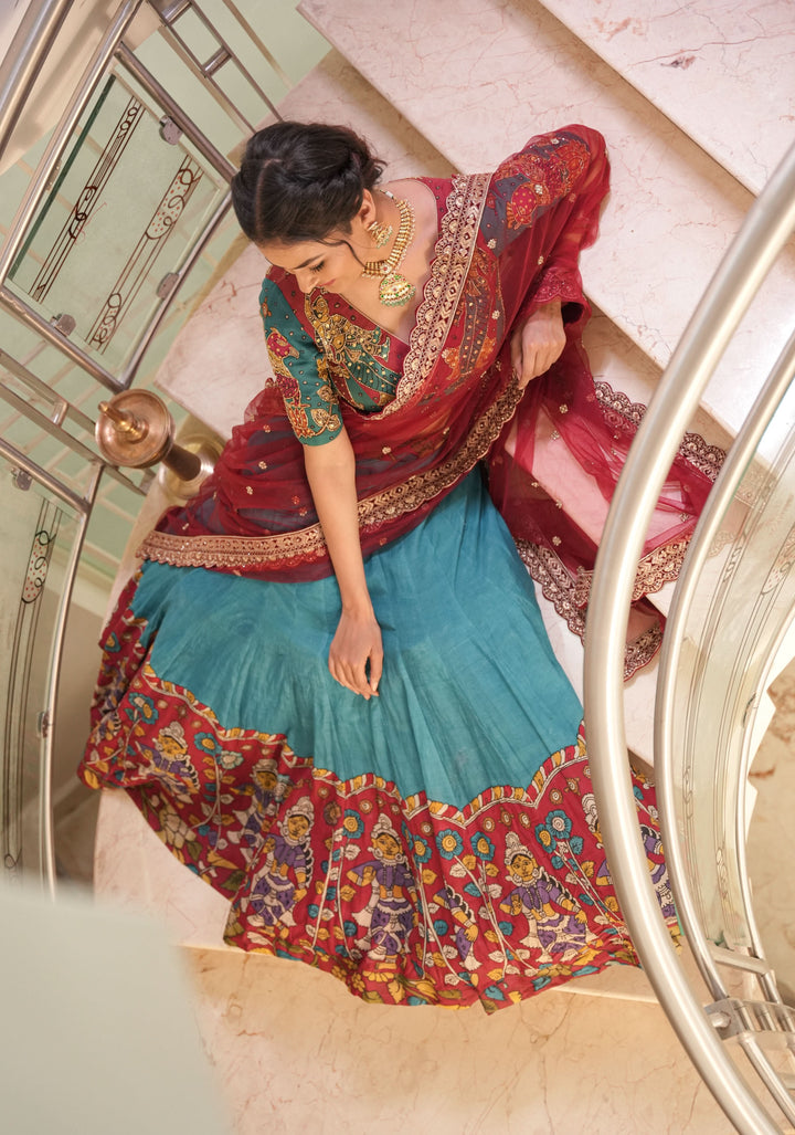Authentic pen kalamkari Chennuri silk lehenga with Dancing dolls border, work blouse and dupatta  - 3 piece set - customizable | SHOBITAM