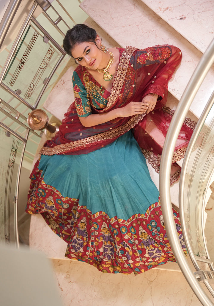 Authentic pen kalamkari Chennuri silk lehenga with Dancing dolls border, work blouse and dupatta  - 3 piece set - customizable