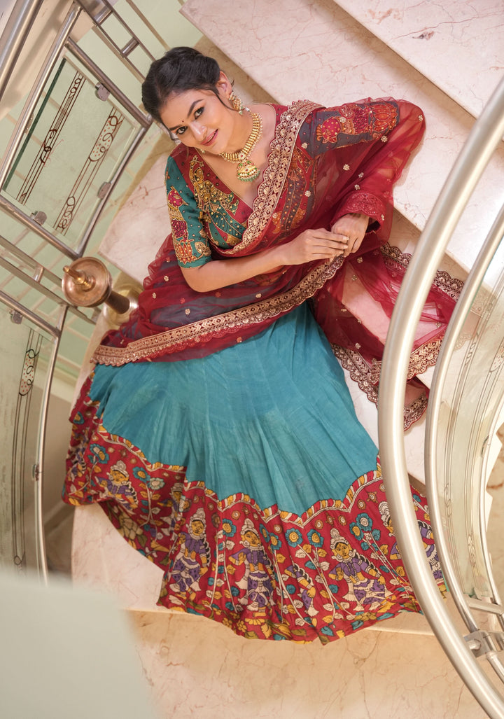 Authentic pen kalamkari Chennuri silk lehenga with Dancing dolls border, work blouse and dupatta  - 3 piece set - customizable