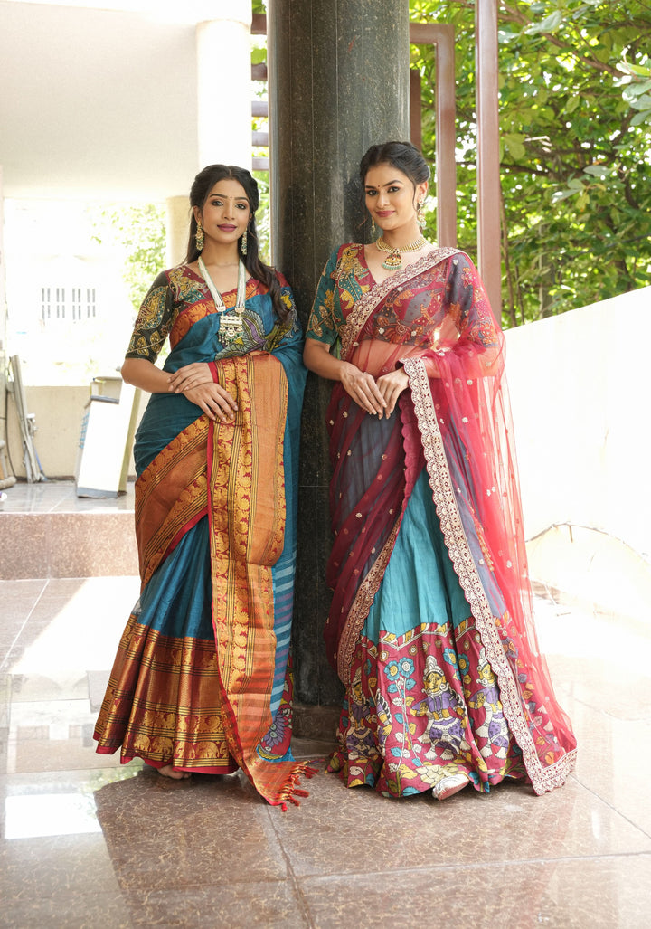 Authentic pen kalamkari Chennuri silk lehenga with Dancing dolls border, work blouse and dupatta  - 3 piece set - customizable