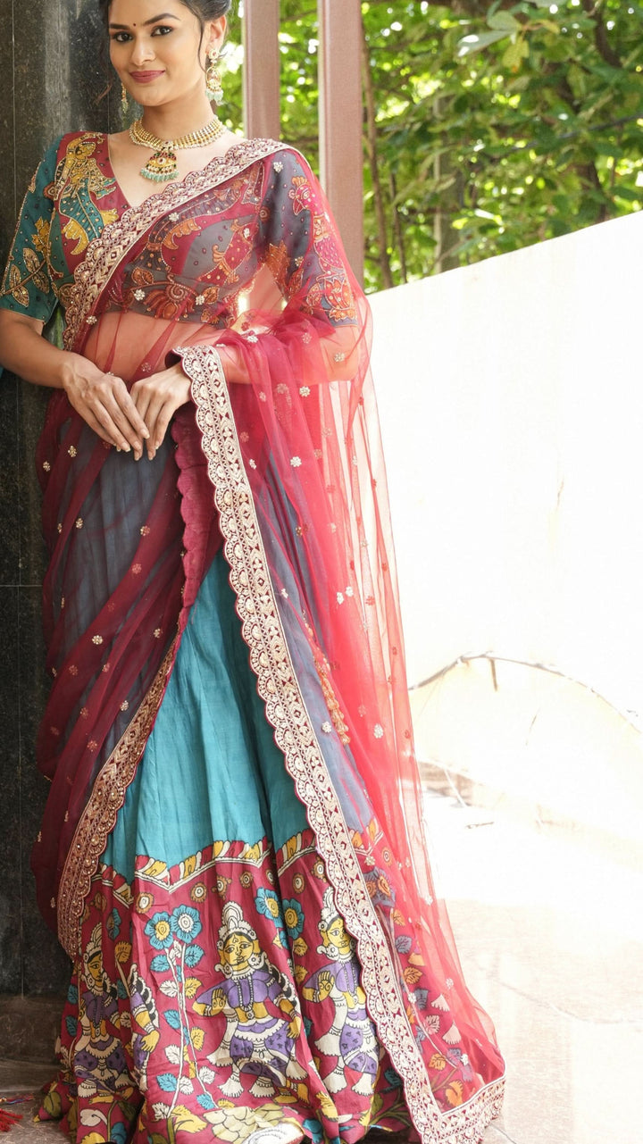 Authentic pen kalamkari Chennuri silk lehenga with Dancing dolls border, work blouse and dupatta  - 3 piece set - customizable