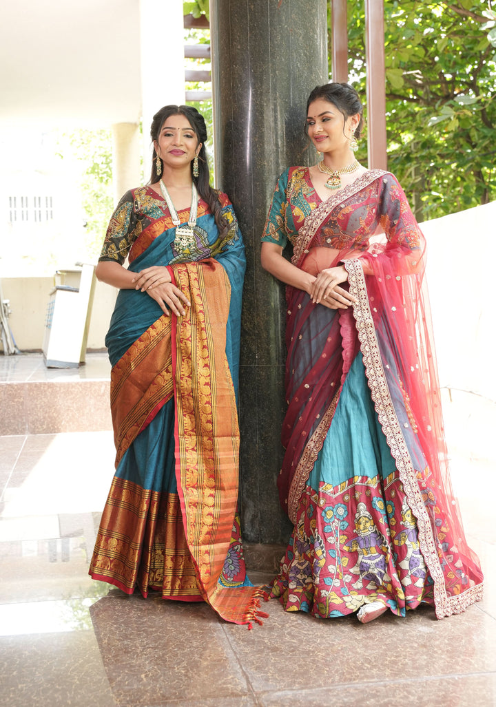 Authentic pen kalamkari Chennuri silk lehenga with Dancing dolls border, work blouse and dupatta  - 3 piece set - customizable