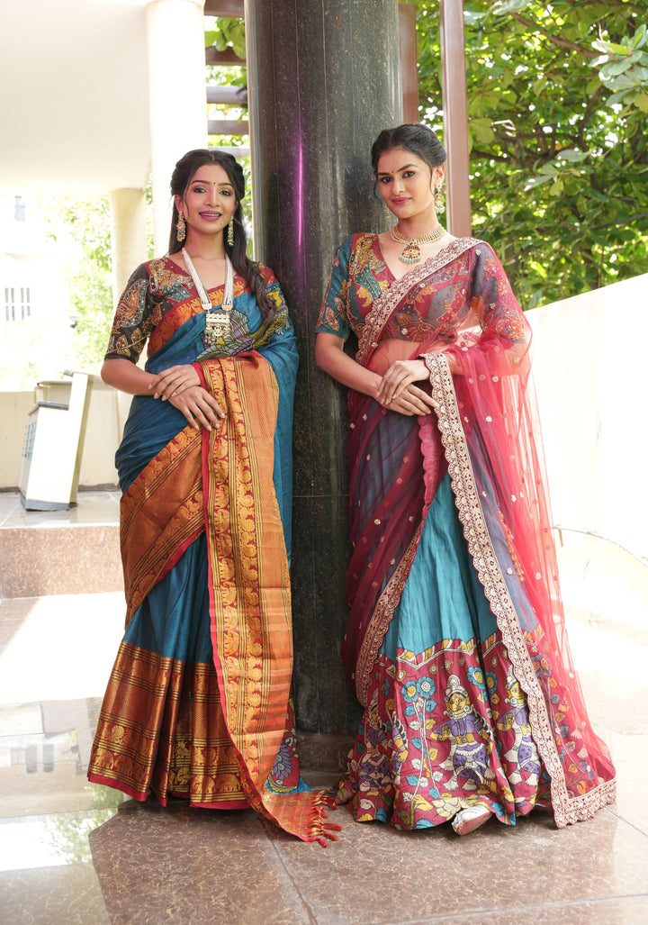 Authentic pen kalamkari Chennuri silk lehenga with Dancing dolls border, work blouse and dupatta  - 3 piece set - customizable