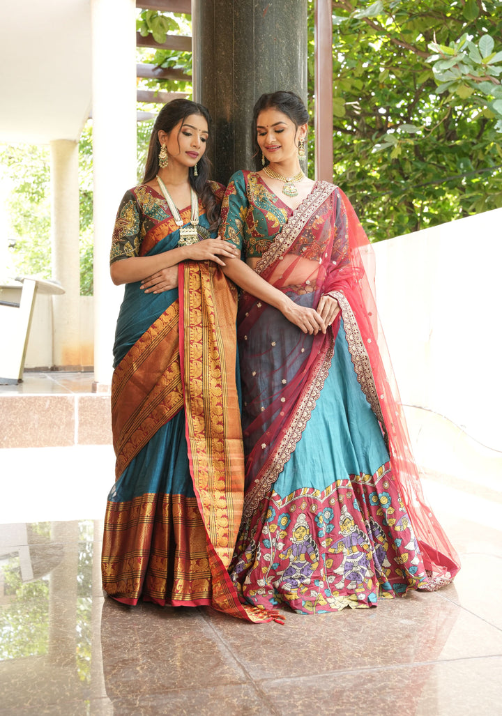 Authentic pen kalamkari Chennuri silk lehenga with Dancing dolls border, work blouse and dupatta  - 3 piece set - customizable