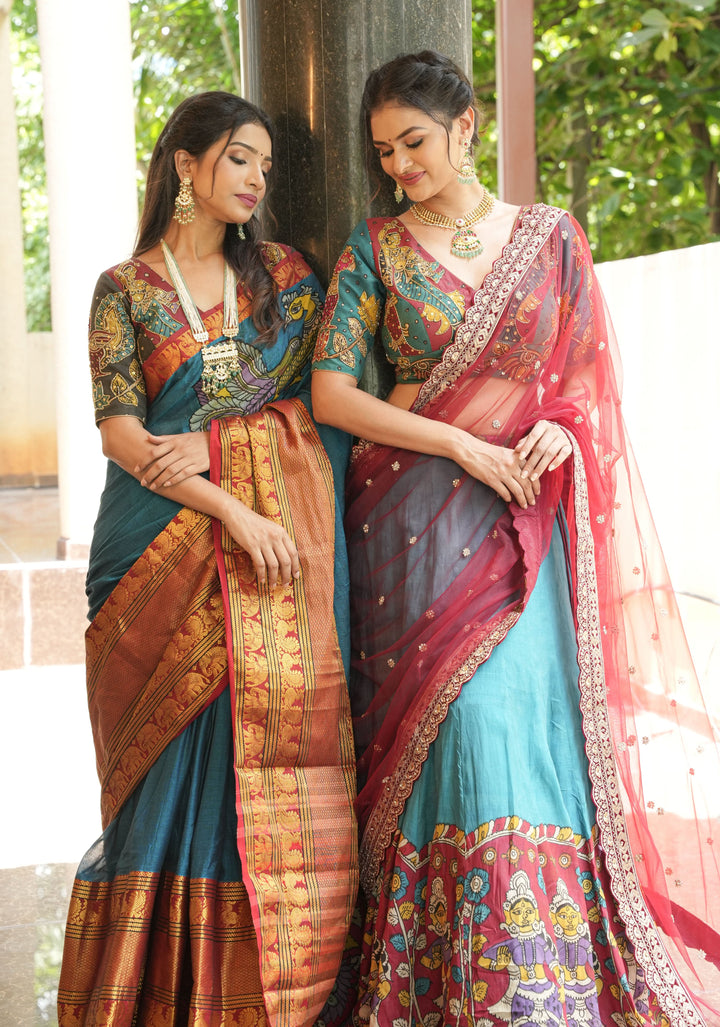Authentic pen kalamkari Chennuri silk lehenga with Dancing dolls border, work blouse and dupatta  - 3 piece set - customizable