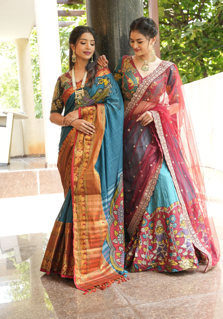 Authentic pen kalamkari Chennuri silk lehenga with Dancing dolls border, work blouse and dupatta  - 3 piece set - customizable