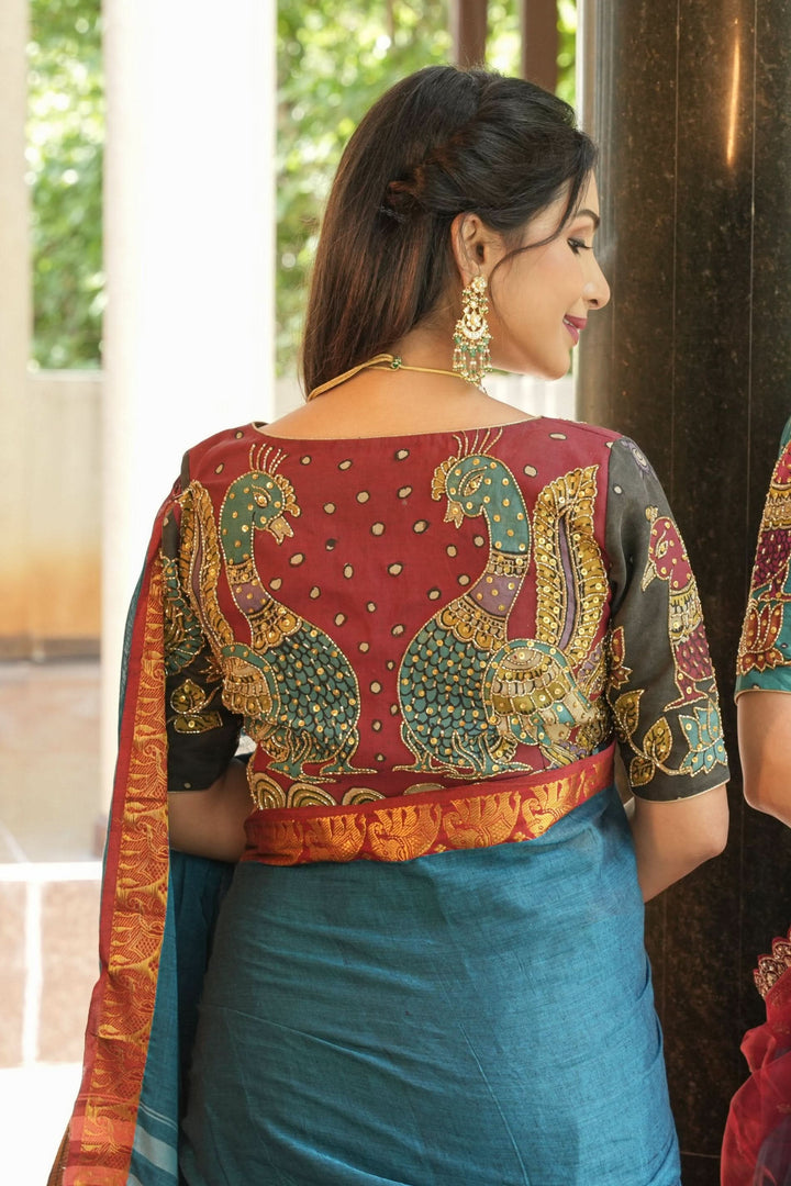 Maroon and Black Kalamkari Embroidery Blouse with Cutdana Work Detailings