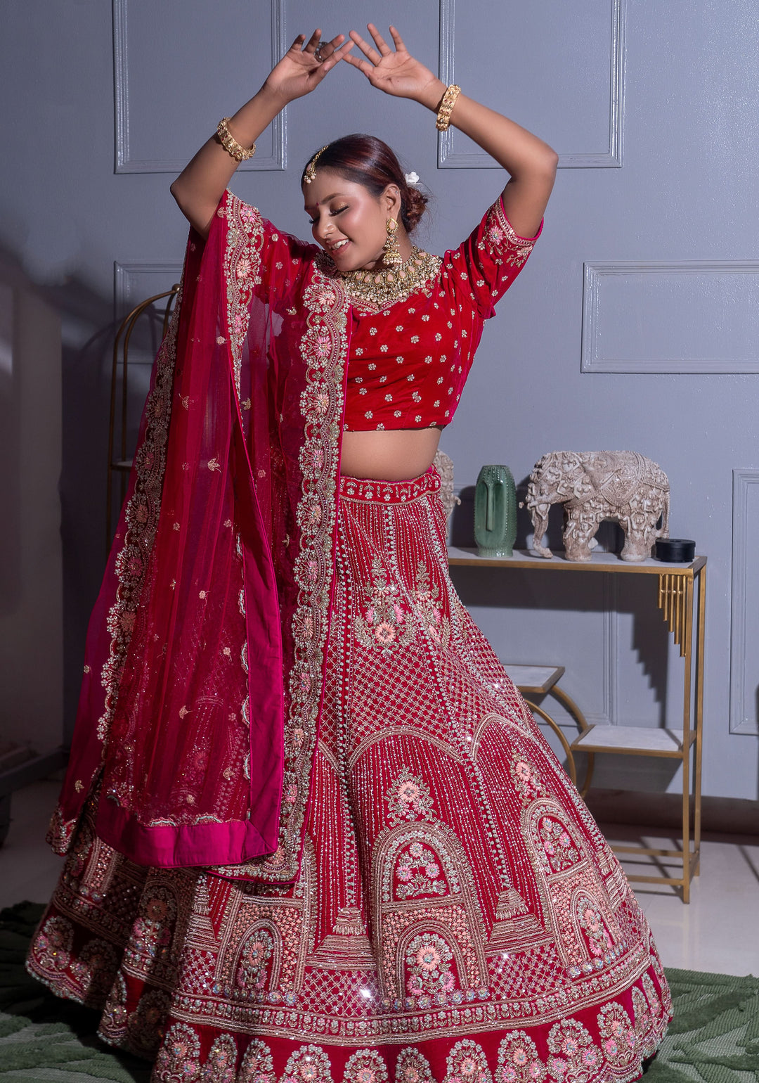 Arch Design Red and Pink Lehenga Set, Customizable, Made to Order