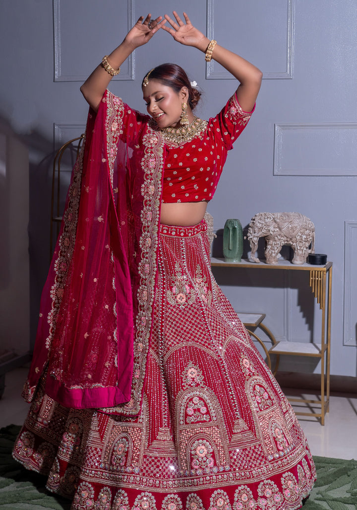 Arch Design Red and Pink Lehenga Set, Customizable, Made to Order