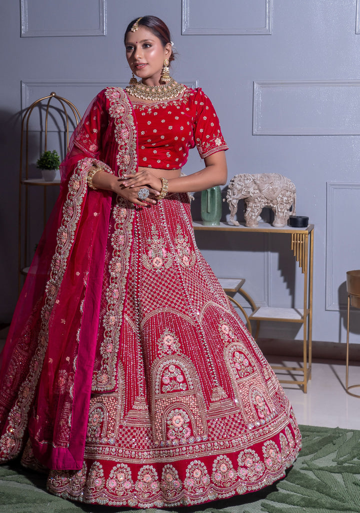 Arch Design Red and Pink Lehenga Set, Customizable, Made to Order