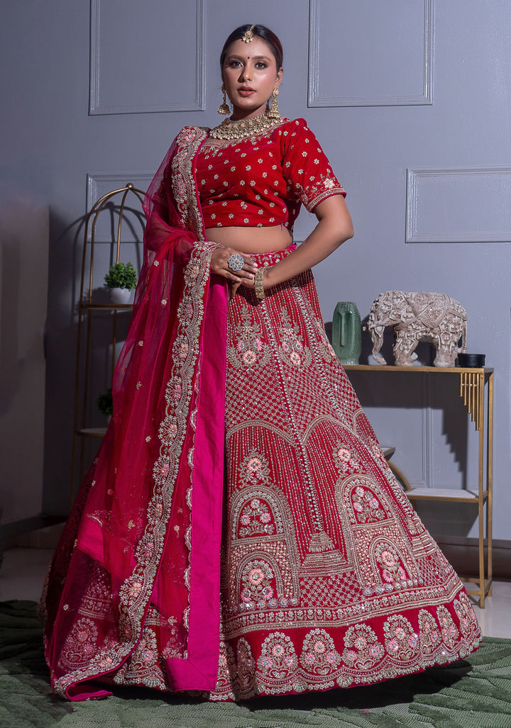 Arch Design Red and Pink Lehenga Set, Customizable, Made to Order