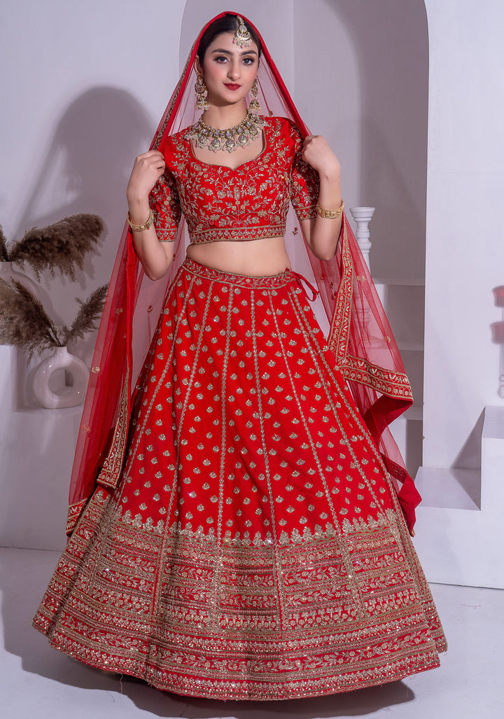 Red Embroidered Bridal Lehenga, Customizable, Made to Order