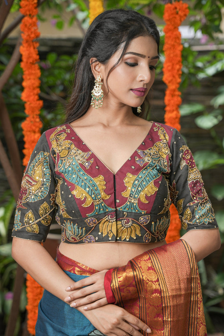 Maroon and Black Kalamkari Embroidery Blouse with Cutdana Work Detailings