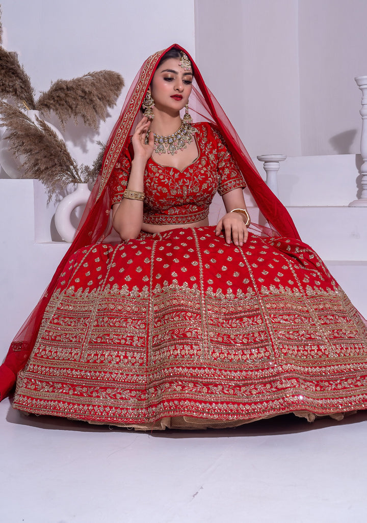 Red Embroidered Bridal Lehenga, Customizable, Made to Order
