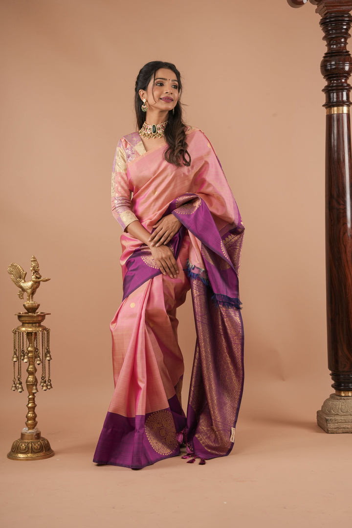 Pink dual Tone Borderless Kanjivaram Soft Silk Saree with annapakshi Motifs| CERTIFIED SILK