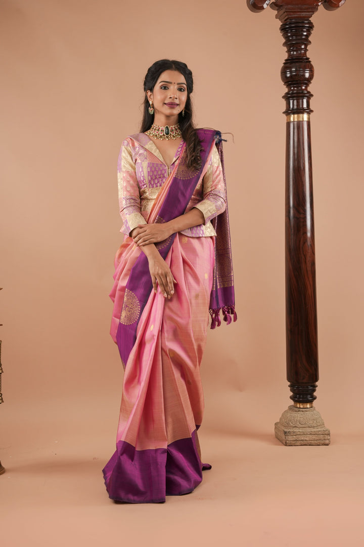 Pink dual Tone Borderless Kanjivaram Soft Silk Saree with annapakshi Motifs| CERTIFIED SILK