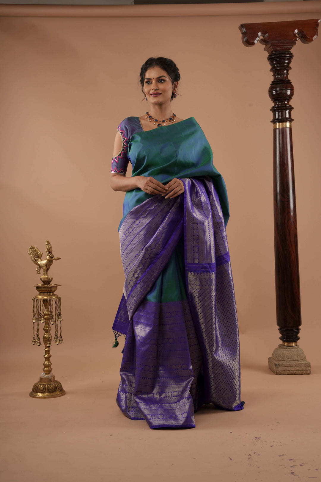 Unique 23" Peacock Blue and Purple Half Border Kanjivaram Pure Silk saree | SILK MARK CERTIFIED