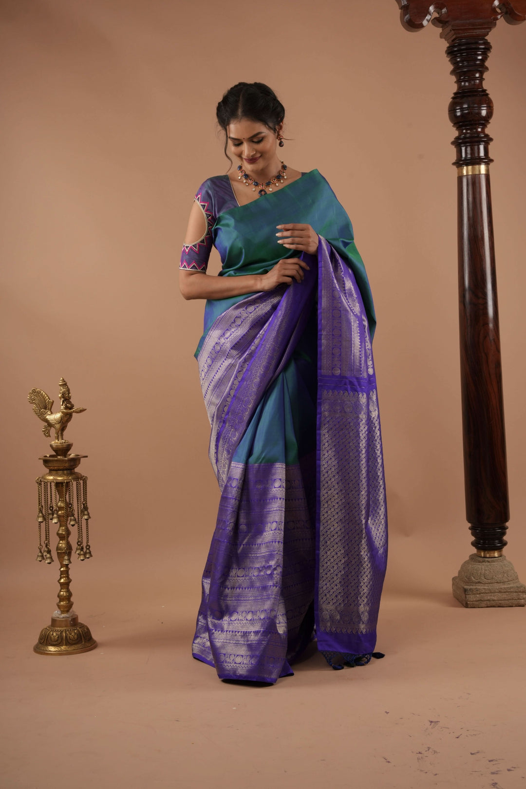 Unique 23" Peacock Blue and Purple Half Border Kanjivaram Pure Silk saree | SILK MARK CERTIFIED