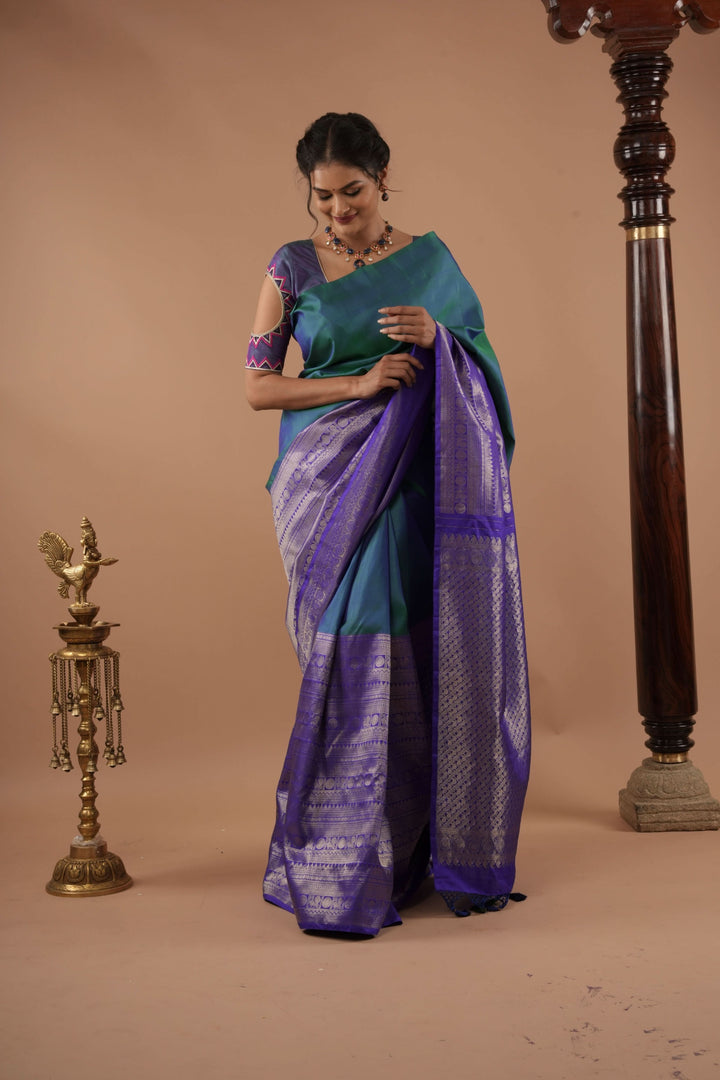 Unique 23" Peacock Blue and Purple Half Border Kanjivaram Pure Silk saree | SILK MARK CERTIFIED