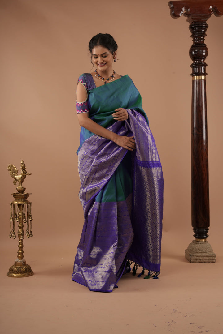 Unique 23" Peacock Blue and Purple Half Border Kanjivaram Pure Silk saree | SILK MARK CERTIFIED