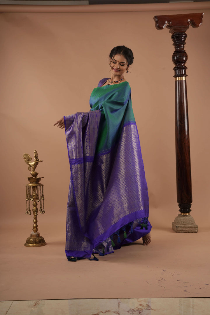 Unique 23" Peacock Blue and Purple Half Border Kanjivaram Pure Silk saree | SILK MARK CERTIFIED