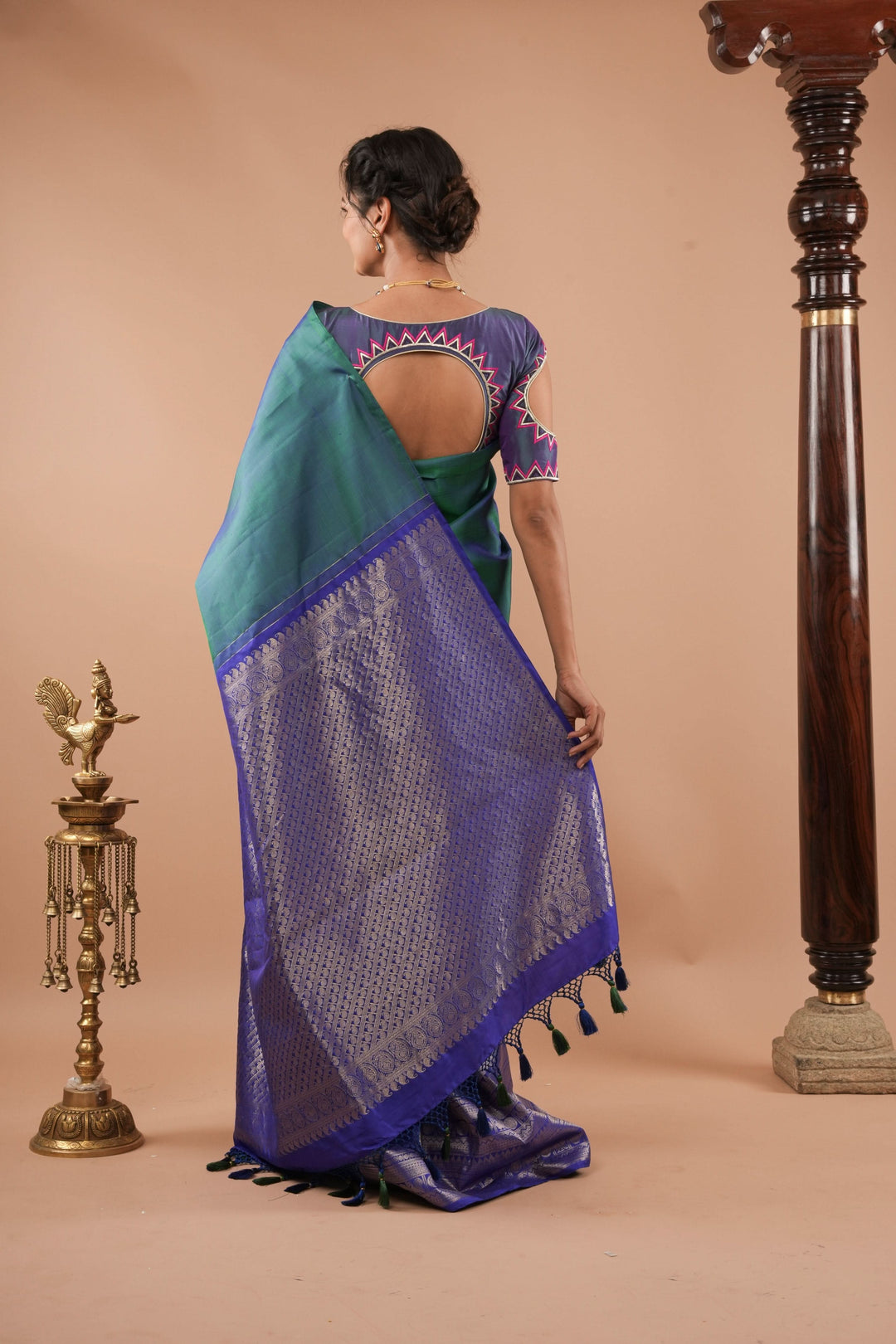 Unique 23" Peacock Blue and Purple Half Border Kanjivaram Pure Silk saree | SILK MARK CERTIFIED