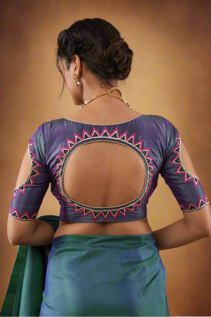 Peacock Blue Pure Silk Blouse With Mandala Cutout And Sunburst Embroidery