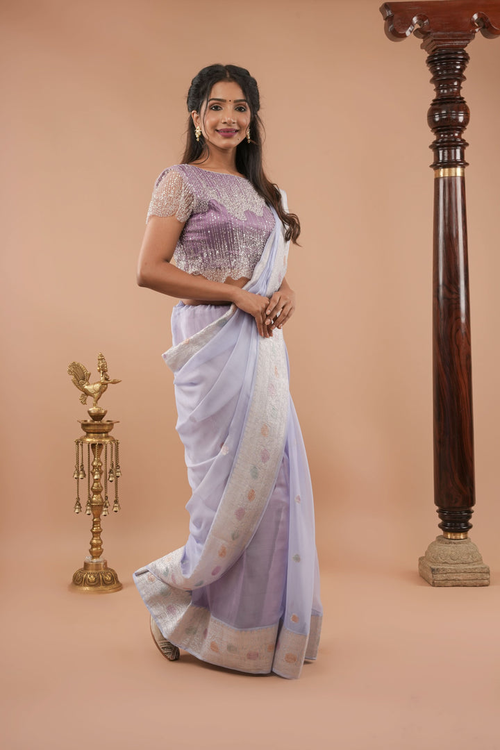 Pure Silk Chiffon Saree in periwinkle Blue with Hand Brush Dye Silver Tone Zari Buttas & Zari Border | SILK MARK CERTIFIED