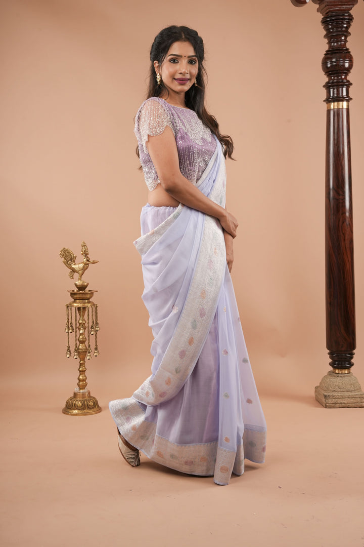 Pure Silk Chiffon Saree in periwinkle Blue with Hand Brush Dye Silver Tone Zari Buttas & Zari Border | SILK MARK CERTIFIED