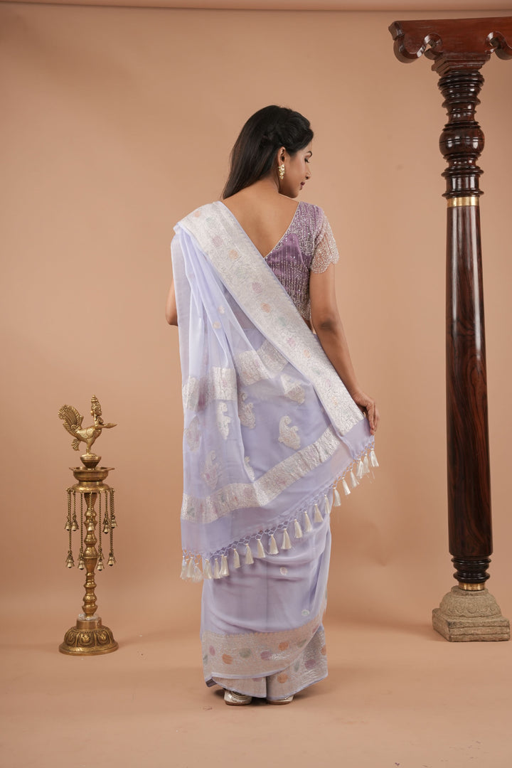 Pure Silk Chiffon Saree in periwinkle Blue with Hand Brush Dye Silver Tone Zari Buttas & Zari Border | SILK MARK CERTIFIED