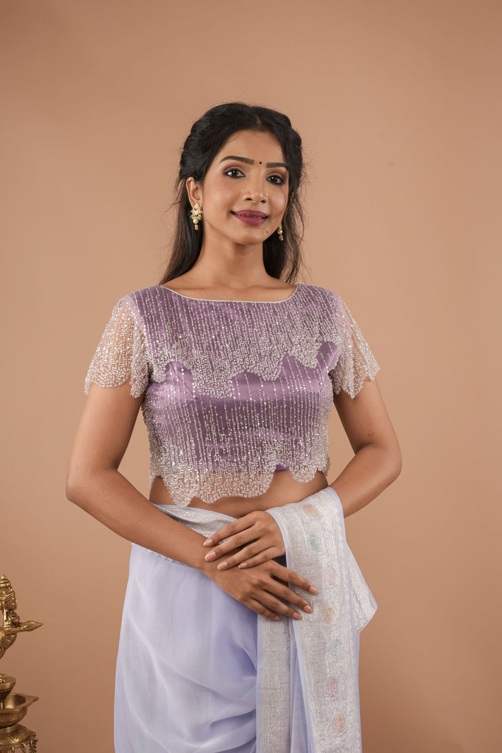 Stylish Lilac layered cutdana scalloped blouse / croptop, Customizable, Made to order