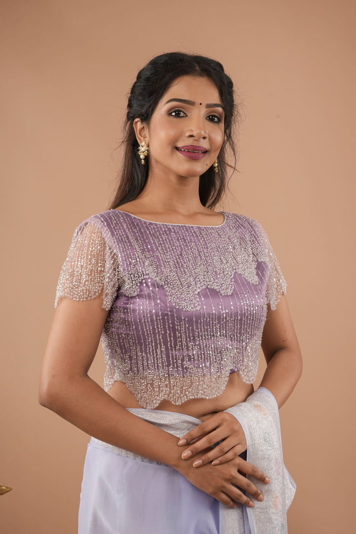Stylish Lilac layered cutdana scalloped blouse / croptop, Customizable, Made to order