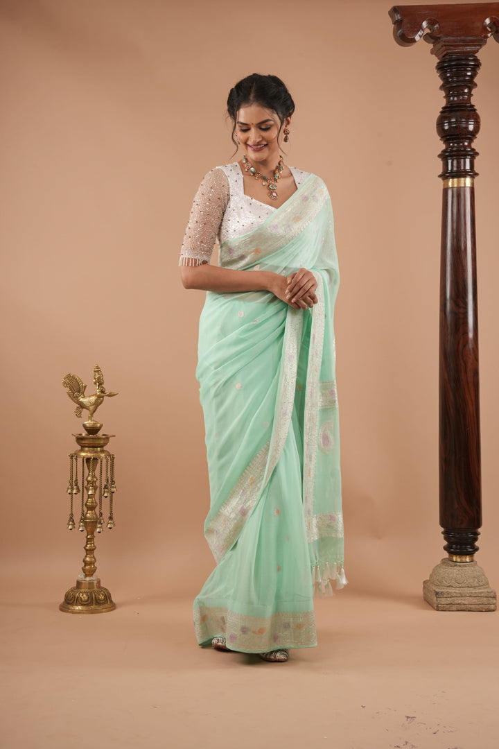 Pure Silk Chiffon Saree in Green with Hand Brush Dye Silver Tone Zari Buttas & Zari Border | SILK MARK CERTIFIED