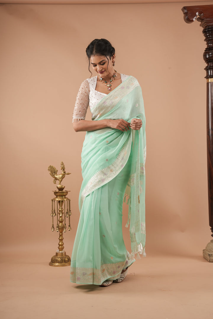 Pure Silk Chiffon Saree in Green with Hand Brush Dye Silver Tone Zari Buttas & Zari Border | SILK MARK CERTIFIED