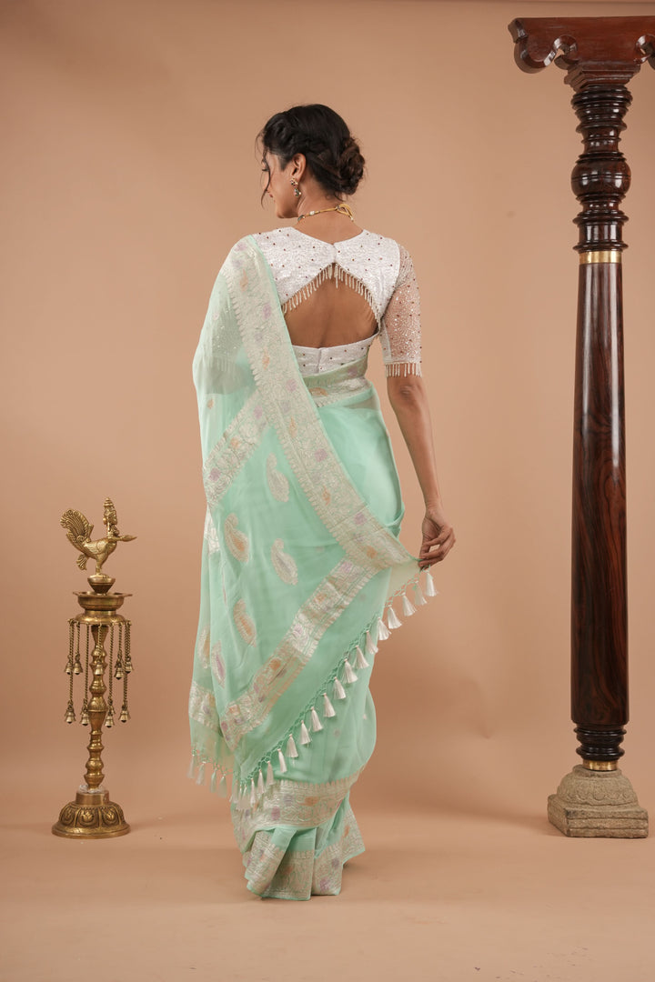 Pure Silk Chiffon Saree in Green with Hand Brush Dye Silver Tone Zari Buttas & Zari Border | SILK MARK CERTIFIED