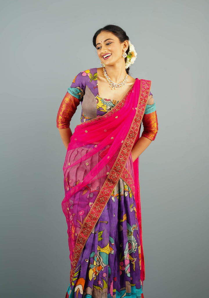 Pure Pen Kalamkari with Wide Zari Border Blouse on Chennuri Silk with below the elbow sleeves, Customizable, Made to Order